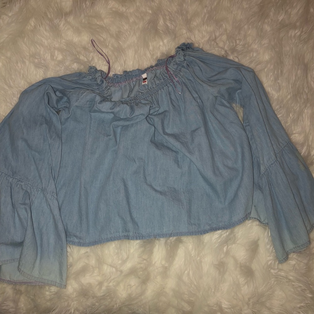 denim off the shoulder blouse